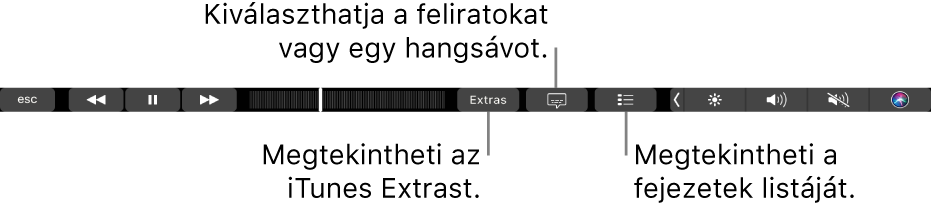 A Touch Bar filmvezérlői, az iTunes ExtrasExtras, a feliratok és a fejezetlista gombjaival.