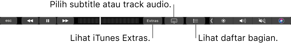 Kontrol Touch Bar untuk film, dengan tombol untuk iTunes Extras, subtitle, dan daftar bab.