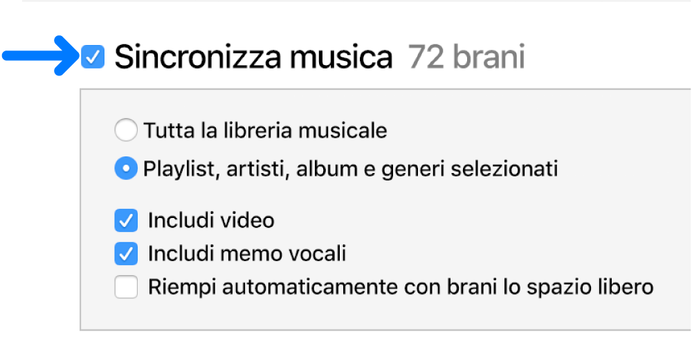 La voce “Sincronizza musica”, vicino alla parte superiore sinistra, è selezionata e mostra le opzioni per sincronizzare l'intera libreria o solo gli elementi selezionati.