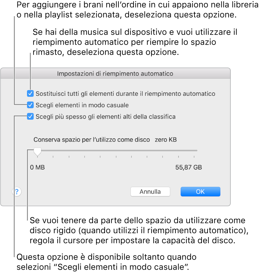 La finestra di dialogo del riempimento automatico che mostra quattro opzioni, dall'alto al basso. Se sul tuo dispositivo sono presenti alcuni brani e vuoi riempire automaticamente lo spazio restante, deseleziona l'opzione “Sostituisci tutti gli elementi durante il riempimento automatico”. Per aggiungere brani nell'ordine in cui compaiono nella libreria o nella playlist selezionata, deseleziona l'opzione “Scegli elementi in modo casuale”. L'opzione successiva, “Scegli più spesso gli elementi alti della classifica” è disponibile solo quando è selezionata l'opzione “Scegli elementi in modo casuale”. Se vuoi tenere libero dello spazio da utilizzare come disco rigido, regola il cursore per impostare la capacità del disco.