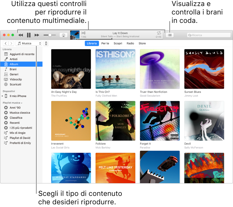 Finestra principale della libreria iTunes: Nella barra di navigazione, scegli il tipo di file multimediale da riprodurre, ad esempio Musica. Utilizza i controlli del banner nella parte superiore per riprodurre il file multimediale e usa il menu a comparsa “In coda” sulla destra per visualizzare la libreria in modi diversi.