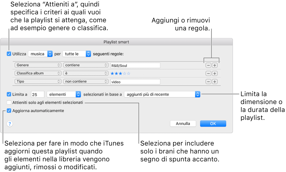 La finestra di Playlist smart: nell’angolo in alto a sinistra, seleziona Utilizza, quindi specifica i criteri della playlist (ad esempio, genere o classifica). Continua ad aggiungere o rimuovere regole facendo clic sui pulsante Aggiungi o Rimuovi nell’angolo in alto a destra. Seleziona varie opzioni nella parte inferiore della finestra, ad esempio limitare le dimensioni o la durata della playlist, includendo solo i brani che sono selezionati o fare in modo che iTunes aggiorni la playlist mentre gli elementi nella tua libreria cambiano.