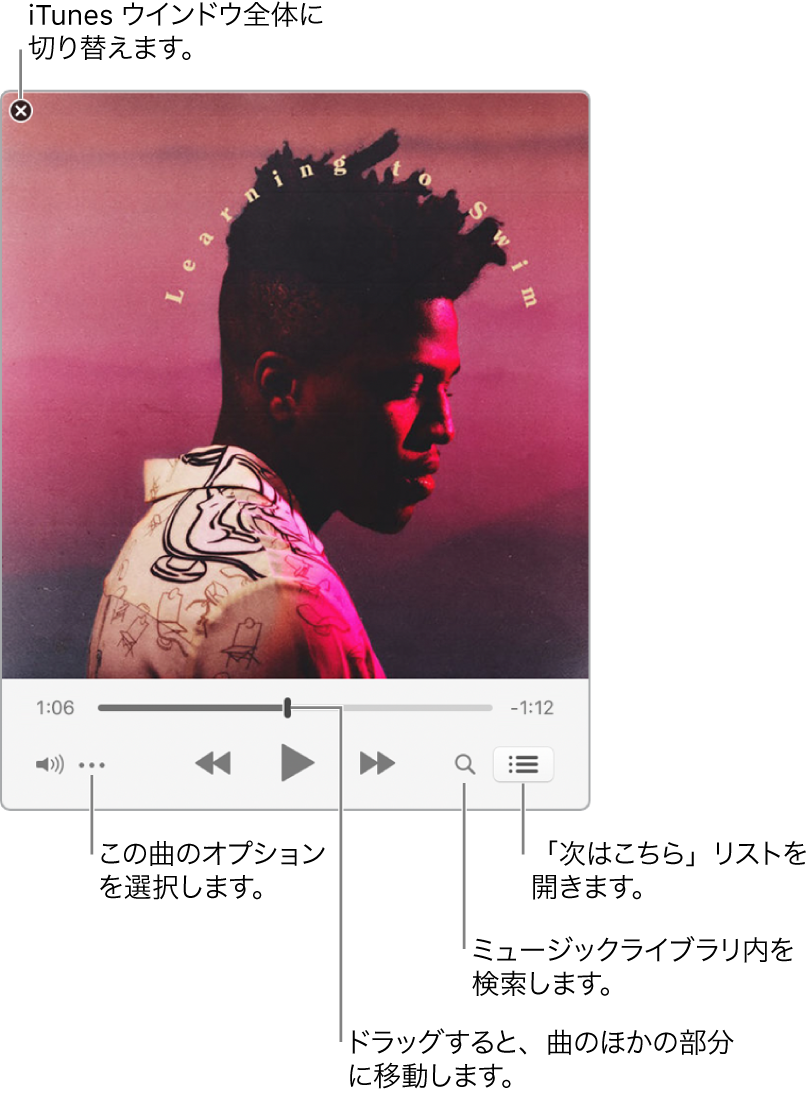 展開されたミニプレーヤー。再生中の曲用のコントロールが表示されています。左上隅には、iTunesウインドウをフルスクリーンに切り替えるための閉じるボタンがあります。ウインドウの下部にはスライダがあり、ドラッグすると曲の別の部分に移動できます。スライダの下の左側にあるアクション・メニュー・ボタンをクリックすると、再生中の曲の表示オプションやその他のオプションを選択できます。スライダの下の左端には、虫眼鏡と「次はこちら」リストの2つのボタンがあります。虫眼鏡をクリックするとミュージックライブラリを検索でき、「次はこちら」リストをクリックすると次に再生されるものが表示されます。