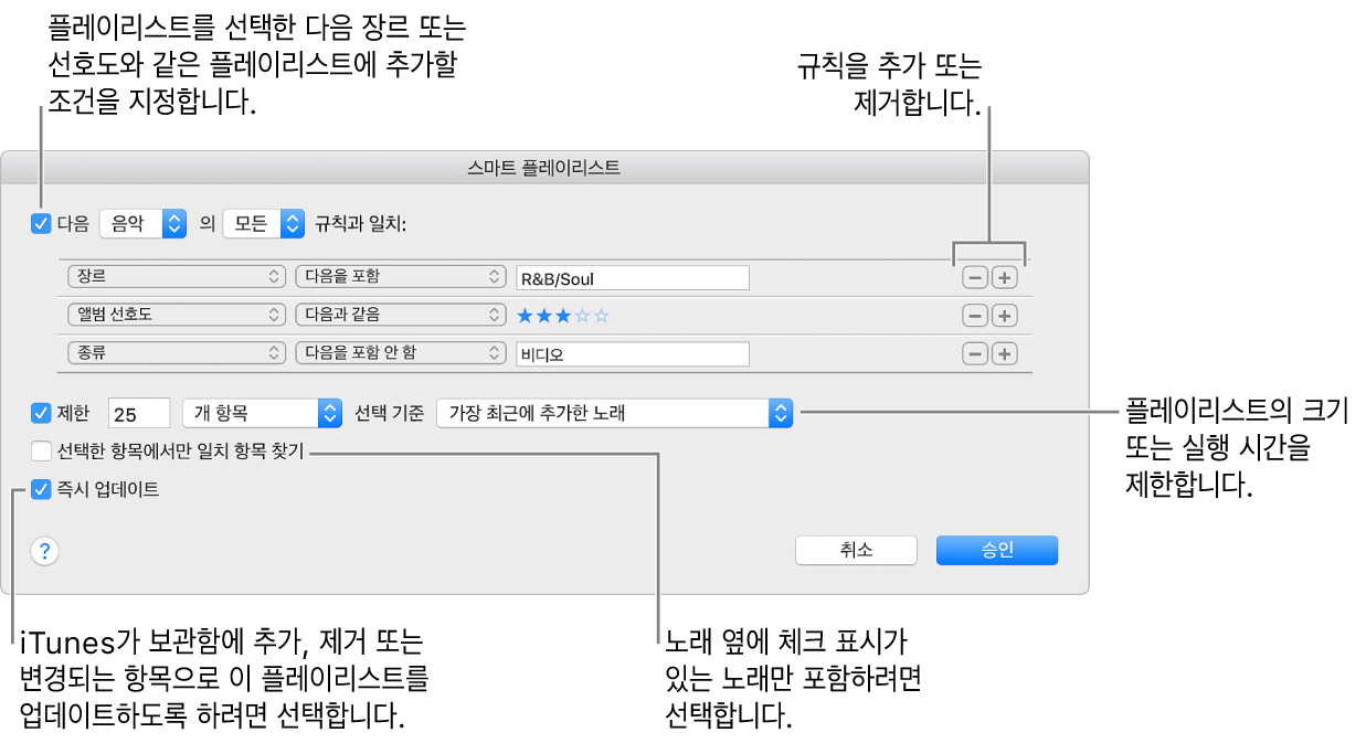 스마트 플레이리스트 윈도우: 왼쪽 상단 모서리에서 다음을 선택하고 플레이리스트 조건(장르 또는 선호도)을 지정하십시오. 오른쪽 상단 모서리에 있는 추가 또는 삭제 버튼을 클릭하여 규칙을 계속 추가하거나 삭제합니다. 윈도우 하단 부분에서 크기 또는 플레이리스트 실행 시간 제한과 같은 여러 가지 옵션을 선택하여 선택한 노래만을 포함하거나 iTunes에서 보관함의 항목이 업데이트되면 플레이리스트를 업데이트하도록 합니다.