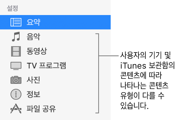 왼쪽에 있는 사이드바에서 요약이 선택되어 있습니다. 나타나는 콘텐츠 유형은 기기와 iTunes 보관함의 콘텐츠에 따라 다를 수 있습니다.