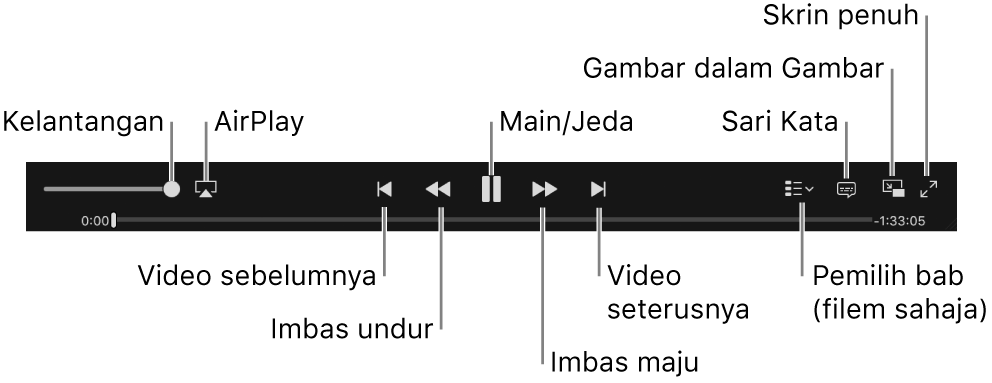 Kawalan video: Kelantangan, AirPlay, Video sebelumnya, Imbas undur, Main/Jeda, Imbas depan, Video seterusnya, Pemilih bab (untuk filem sahaja), Sari Kata, Gambar dalam Gambar dan Skrin penuh.