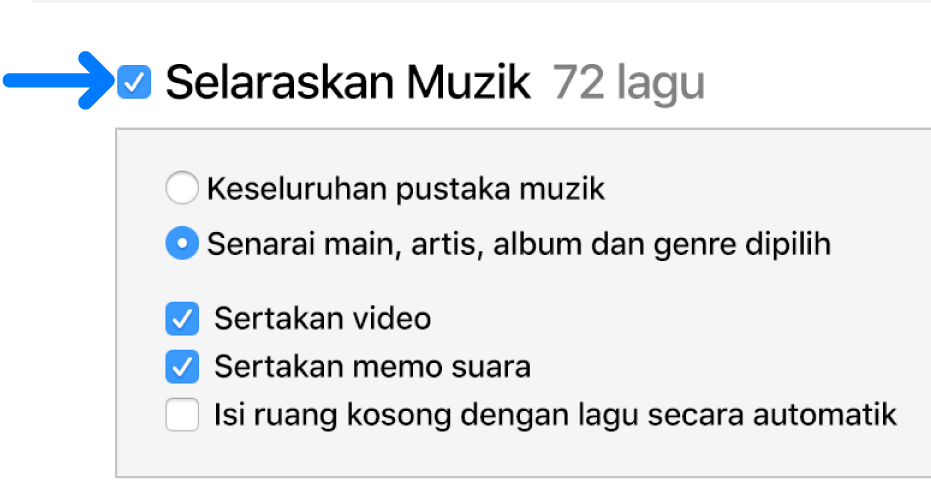 Selaraskan Muzik berhampiran bahagian kiri atas dipilih dengan pilihan untuk menyelaraskan keseluruhan pustaka anda atau hanya item dipilih.