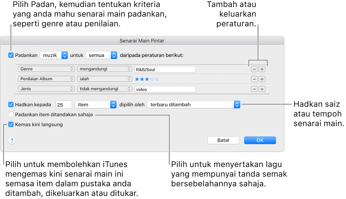 Tetingkap Senarai Main Pintar: Di penjuru kiri atas, pilih Padankan, kemudian tentukan kriteria senarai main (seperti genre atau penilaian). Teruskan menambah atau mengeluarkan peraturan dengan mengklik butang Tambah atau Keluarkan di penjuru kanan atas. Pilih pelbagai pilihan di penjuru kanan bawah tetingkap—seperti mengehadkan saiz atau tempoh senarai main, termasuk hanya lagu yang disemak atau buatkan iTunes kemas kini senarai main jika item dalam pustaka anda berubah.
