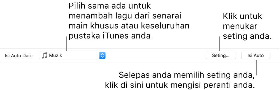 Pilihan Isi Auto di bahagian bawah anak tetingkap Muzik. Di hujung sebelah kiri ialah menu timbul Isi Auto Daripada, di mana anda pilih sama ada untuk menambah lagu daripada senarai main atau daripada keseluruhan pustaka anda. Di bahagian hujung kanan ialah dua butang—Seting, untuk menukar pelbagai pilihan Isi Auto dan Isi Auto. Apabila anda klik Isi Auto, peranti anda diisikan dengan lagi yang menepati kriteria.