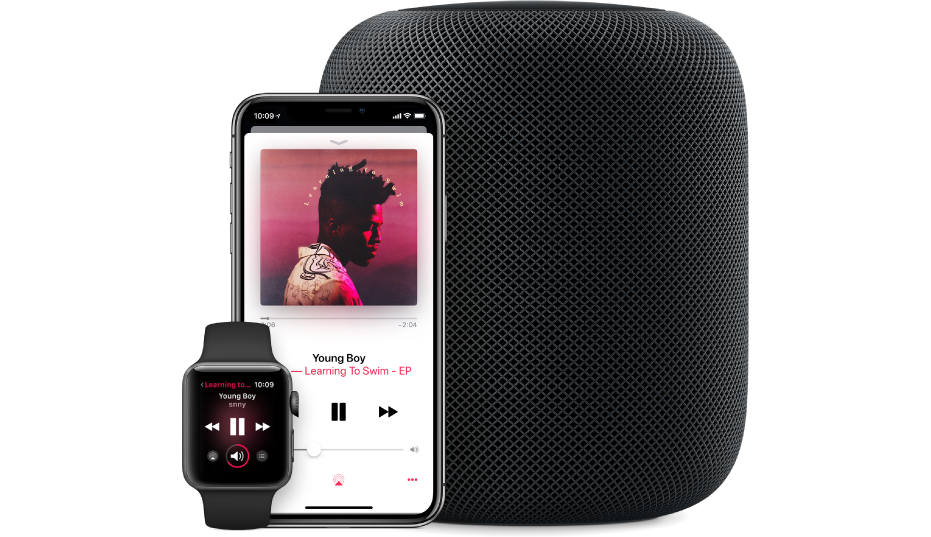 Een nummer uit Apple Music wordt afgespeeld op een Apple Watch, iPhone en HomePod.