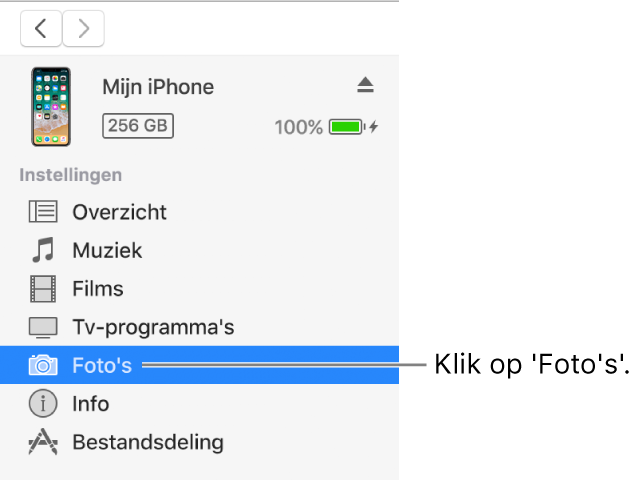 Het apparaatvenster met in de navigatiekolom aan de linkerkant 'Foto's' geselecteerd.