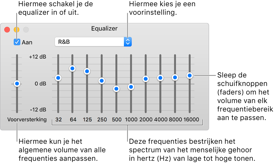 Het venster 'Equalizer': Het aankruisvak waarmee je de iTunes-equalizer inschakelt, bevindt zich in de linkerbovenhoek. Ernaast zie je het venstermenu met de voorinstellingen van de equalizer. Helemaal links pas je het algemene volume van frequenties aan met de voorversterker. Onder de voorinstellingen van de equalizer pas je het geluidsniveau per frequentiebereik aan. Elk bereik vertegenwoordigt een bepaald gedeelte van het menselijk gehoor, van laag naar hoog.