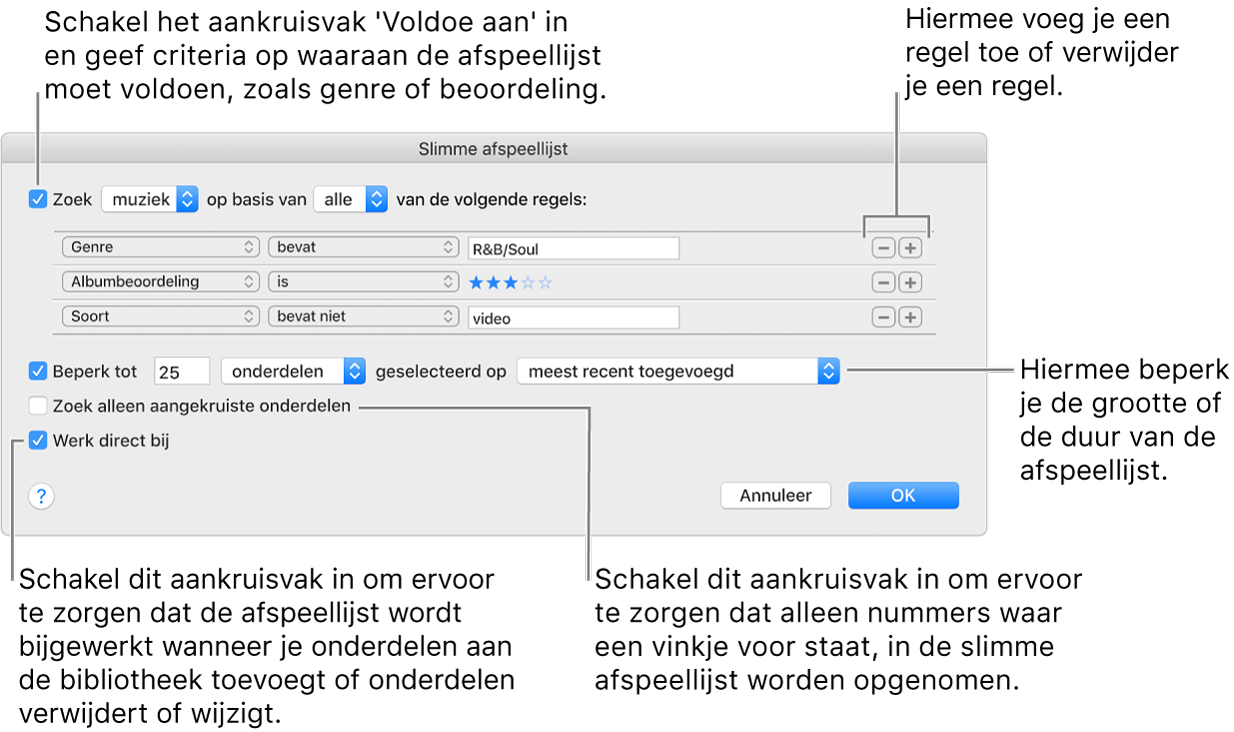Het venster 'Slimme afspeellijst': Selecteer 'Zoek' in de linkerbovenhoek en geef vervolgens op aan welke criteria de afspeellijst moet voldoen (bijvoorbeeld genre of beoordeling). Met de knoppen 'Voeg toe' en 'Verwijder' rechtsboven kun je regels toevoegen of verwijderen. Onder in het venster kun je verschillende opties instellen, waaronder de grootte en lengte van de afspeellijst, of je alleen nummers met een ingeschakeld aankruisvak wilt toevoegen en of je de afspeellijst wilt bijwerken als onderdelen in je iTunes-bibliotheek worden gewijzigd.