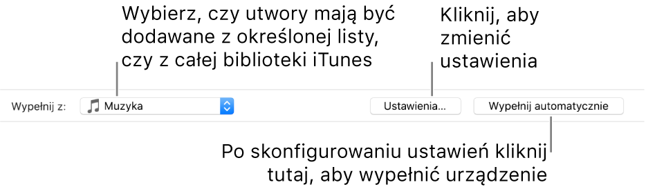 Opcje automatycznego wypełniania na dole panelu Muzyka. Po lewej znajduje się menu podręczne Wypełnij z, w którym wybierasz, czy chcesz dodawać utwory z playlisty lub z całej biblioteki. Po prawej znajdują się dwa przyciski — Ustawienia, do zmiany różnych opcji automatycznego wypełniania oraz przycisk Wypełnij automatycznie. Gdy klikniesz w Wypełnij automatycznie, Twoje urządzenie zostanie zapełnione utworami spełniającymi kryteria.