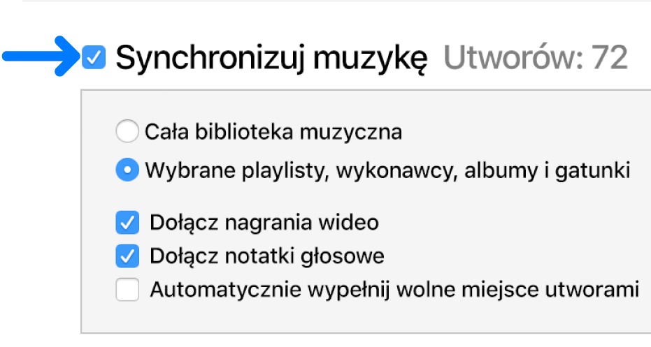 W pobliżu lewego górnego rogu dostępna jest funkcja synchronizowania muzyki (całej biblioteki lub wybranych rzeczy)