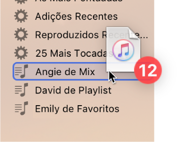 Um álbum sendo arrastado para uma playlist. A playlist está destacada por um retângulo azul.