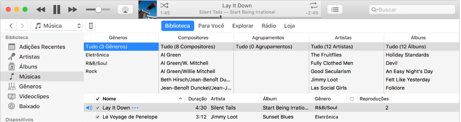 A janela principal do iTunes: O navegador por colunas aparece à direita da barra lateral e acima da lista de músicas.