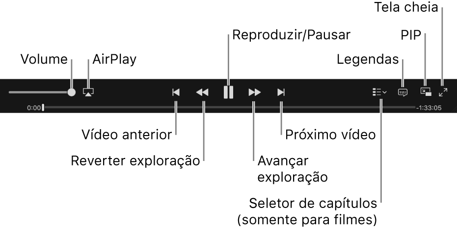 Controles de vídeo: Volume, AirPlay, Vídeo anterior, Reverter escaneamento, Reproduzir/Pausar, Avançar escaneamento, Vídeo seguinte, Seletor de capítulos (somente para filmes), Legendas, PIP e Tela cheia.