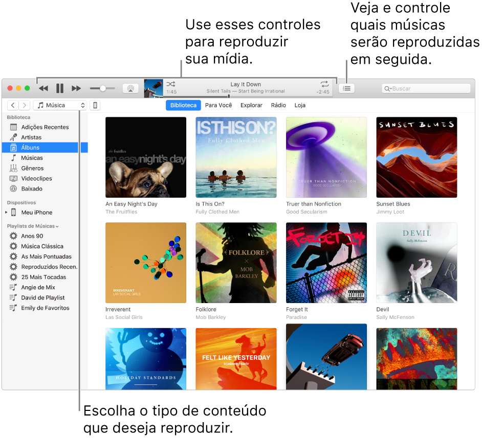 A janela principal da Biblioteca do iTunes: No navegador, escolha o tipo de mídia para reproduzir (como Música). Use os controles no banner na parte superior para reproduzir a mídia e use o menu local Seguintes no lado direito para visualizar a biblioteca de diversas maneiras.