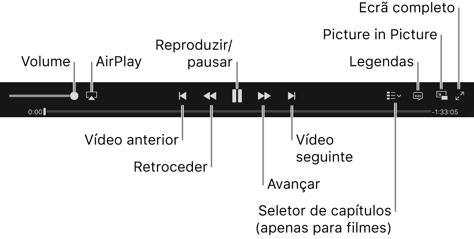 Controlos de vídeo: Volume, AirPlay, Vídeo anterior, Retroceder, Reprodução/Pausa, Avançar, Vídeo seguinte, Seletor de capítulos (só para filmes), Legendas, Picture in Picture e Ecrã completo