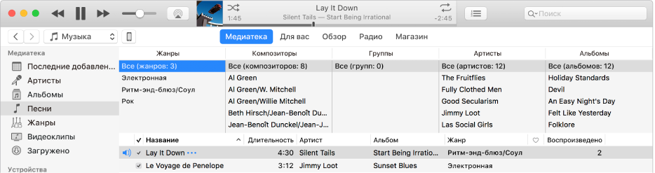 Главное окно iTunes. Браузер колонок справа от бокового меню и над списком песен.