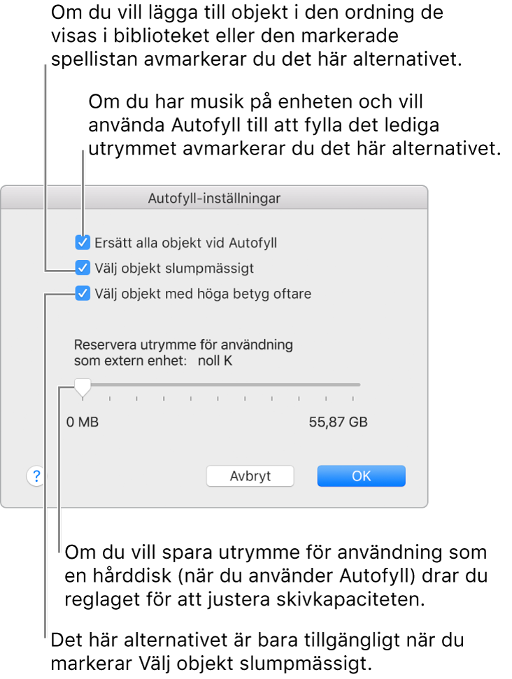 Dialogrutan för Autofyll-inställningar som visar fyra alternativ, med början uppifrån. Om du har musik på din enhet och vill att Autofyll ska fylla det återstående utrymmet avmarkerar du Ersätt alla objekt vid Autofyll. Om du vill lägga till låtar i den ordning de visas i biblioteket eller den markerade spellistan avmarkerar du Välj objekt slumpmässigt. Nästa alternativ är Välj objekt med höga betyg oftare, och det visas bara när du har markerat alternativet Välj objekt slumpmässigt. Om du vill ange hur mycket utrymme som ska användas som en hårddisk ställer du in hårddiskkapaciteten genom att justera reglaget.