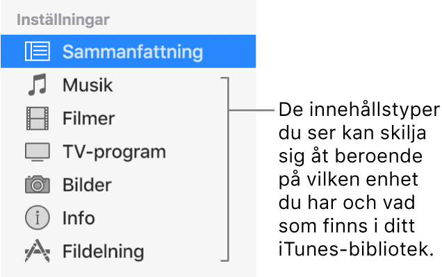 Sammanfattning är markerat i sidofältet till vänster. Vilka typer av innehåll som visas kan variera beroende på enhet och innehållet i iTunes-biblioteket.