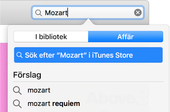 Sökfältet med Mozart. Affär är markerat i platspopupmenyn.