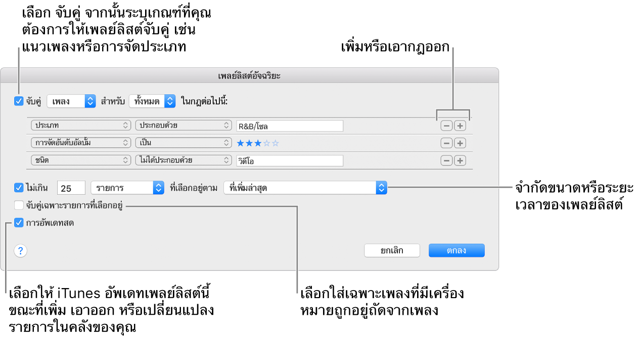 หน้าต่างเพลย์ลิสต์อัจฉริยะ: ที่มุมซ้ายบน เลือก จับคู่ แล้วระบุเกณฑ์ของเพลย์ลิสต์ (เลือกประเภทหรือการจัดอันดับ) เพิ่มหรือเอากฎออกต่อไปโดยคลิกปุ่มเพิ่มหรือปุ่มเอาออกที่อยู่มุมขวาบน เลือกตัวเลือกต่างๆ ตรงส่วนล่างของหน้าต่าง เช่น การจำกัดขนาดหรือระยะเวลาของเพลย์ลิสต์ ซึ่งมีเฉพาะเพลงที่ถูกเลือก หรือการให้ iTunes อัพเดทเพลย์ลิสต์เป็นรายการในการเปลี่ยนแปลงคลังของคุณ