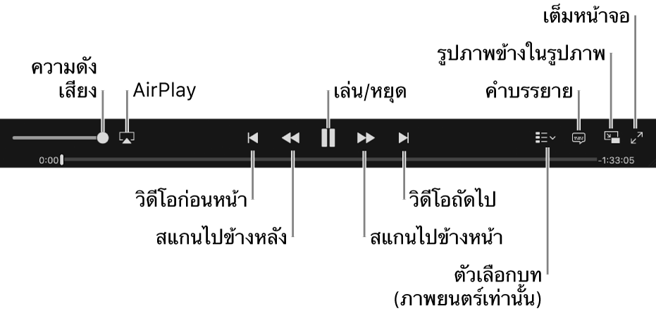 ตัวควบคุมวิดีโอ: ระดับเสียง, AirPlay, วิดีโอก่อนหน้า, สแกนกลับ, เล่น/หยุดพัก, สแกนไปข้างหน้า, วิดีโอถัดไป, ตัวเลือกบท (สำหรับภาพยนตร์เท่านั้น), คำบรรยาย, หน้าต่างรูปภาพข้างในรูปภาพ และโหมดเต็มหน้าจอ