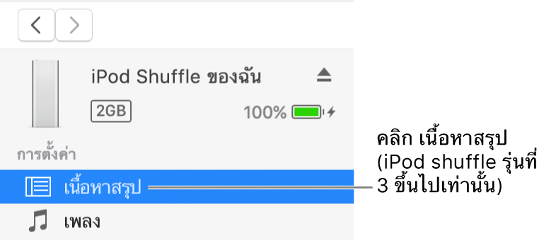 หน้าต่างอุปกรณ์ที่มีเนื้อหาสรุปถูกเลือกอยู่ในแถบด้านข้างที่ด้านซ้าย