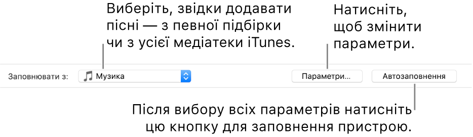 Опції «Автозаповнення» в нижній частині панелі «Музика». На лівому краї розташовано спливне меню «Заповнювати з», у якому можна вибрати місце, звідки додаватимуться пісні: з підбірки чи бібліотеки. З правого краю розташовано дві кнопки — «Параметри», яка дає змогу змінити опції функції автозаповнення, і власне кнопка «Автозаповнення». Якщо клацнути «Автозаповнення», на пристрої буде відображено пісні, які відповідають критеріям.