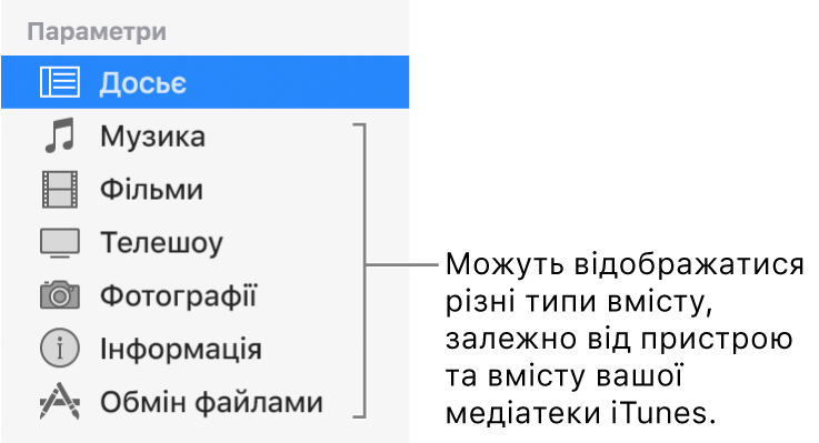 Вибраний на бічній панелі ліворуч розділ «Досьє». Можуть відображатися різні типи вмісту, залежно від пристрою та вмісту вашої медіатеки iTunes.