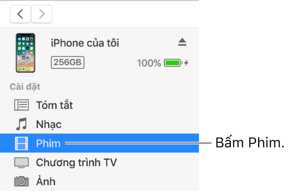 Cửa sổ Thiết bị, với Phim được chọn trong thanh bên phía bên trái.