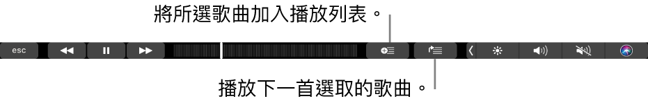 音樂的「觸控欄」控制項目，包括將所選歌曲加入播放列表和「待播清單」列表的按鈕。