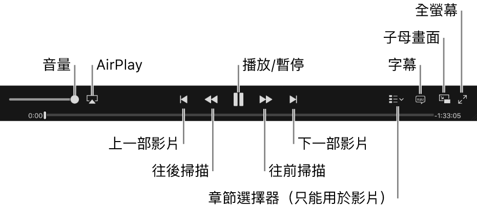 影片控制項目：音量、AirPlay、上一個影片、畫面反轉、播放 / 暫停、正向畫面、下一個影片、章節選擇器（僅限電影）、字幕、子母畫面和全螢幕。