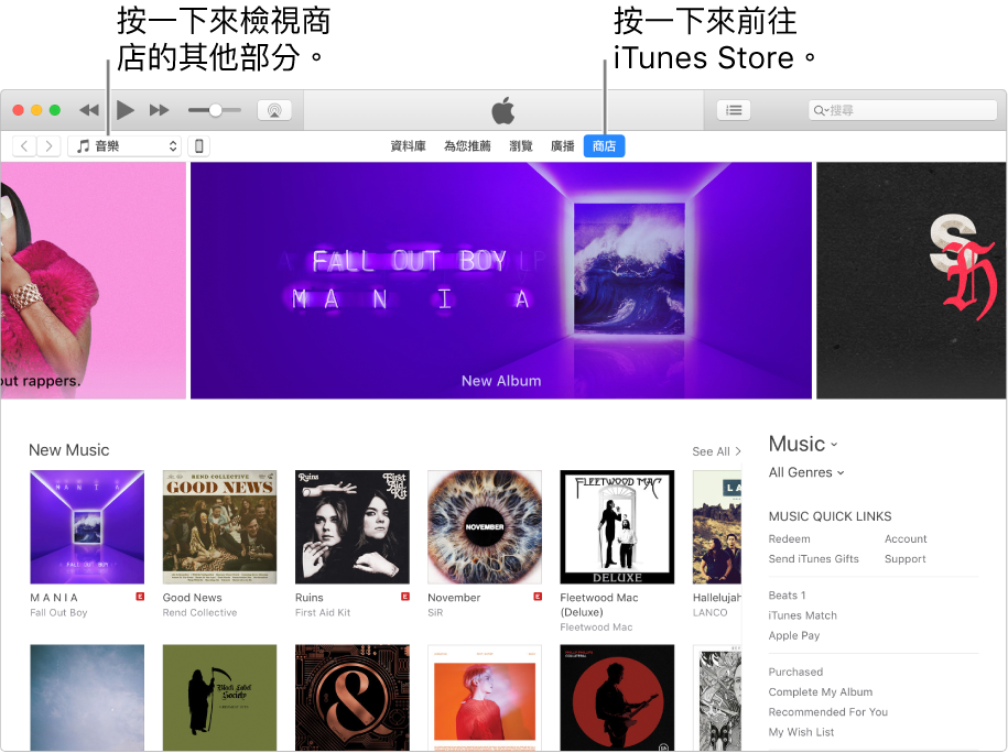iTunes Store 主視窗：在導覽列中，「商店」已醒目標示。在左上角，選擇以在「商店」中檢視不同內容（例如「音樂」或「電視」）。