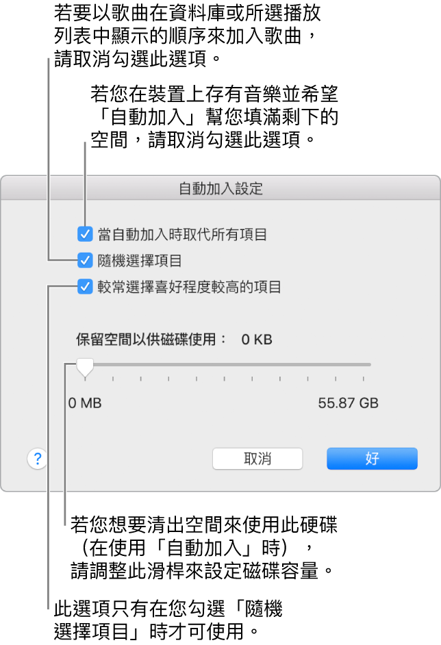 「自動加入」對話框由上至下顯示四個選項。若您的裝置上包含音樂，並且想使用「自動加入」功能來填滿剩餘空間，請取消選取「當自動加入時取代所有項目」。若要讓歌曲以其顯示在資料庫或所選播放列表中的順序來加入，請取消選取「隨機選擇項目」。下一個選項是「較常選擇喜好程度較高的項目」，這只有當您選取「隨機選擇項目」選項時才會顯示。若您想要設定多餘的空間作為硬碟使用，請調整滑桿來設定磁碟空間。