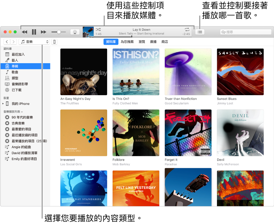 iTunes 資料庫主視窗：在導覽器中，選擇要播放的媒體類型（例如「音樂」）。使用最上方橫幅中的控制項目來播放媒體，以及使用右側的「待播清單」彈出式選單來以不同方式檢視您的資料庫。