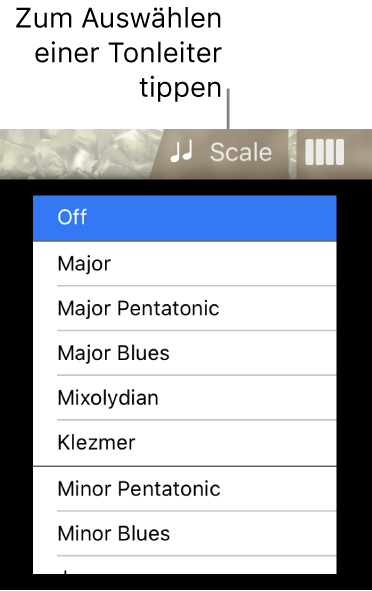 Taste „Skala“ und Tonskalenliste für den Bass
