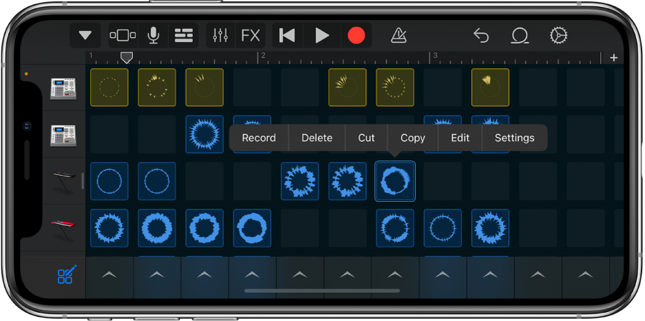 Illustration. Grille Live Loops avec la modification de cellules activée.