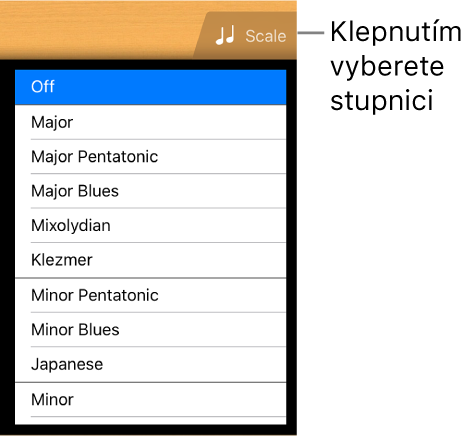 Tlačítko Stupnice a seznam stupnic u kytary