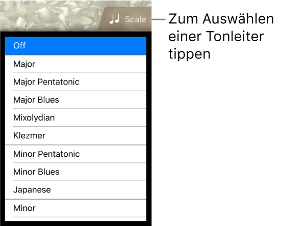 Taste „Skala“ und Tonskalenliste für den Bass