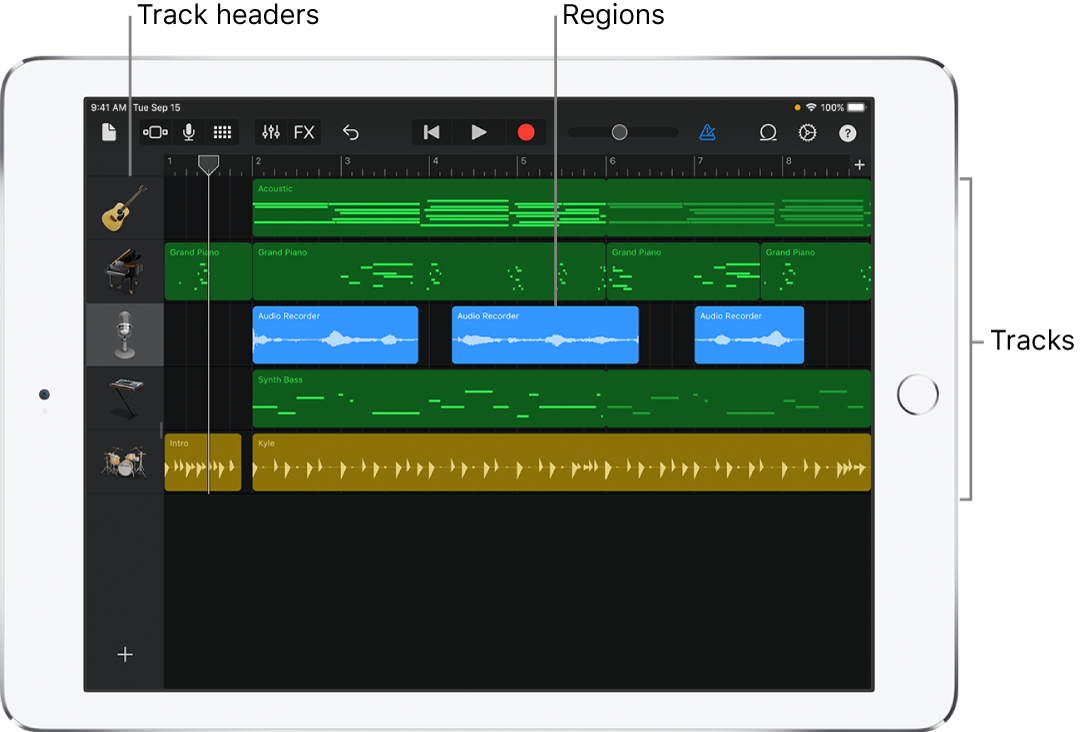 Tracks view, showing tracks, headers and regions