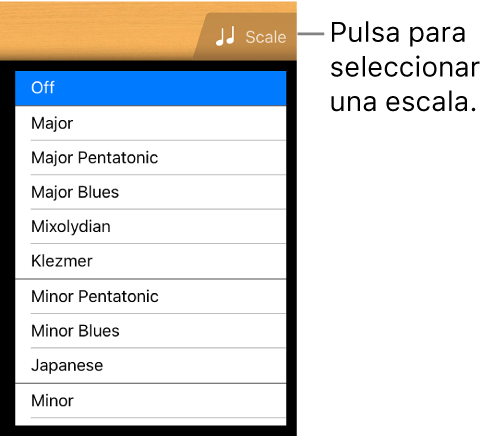 Botón Escala de Guitarra y lista de escalas
