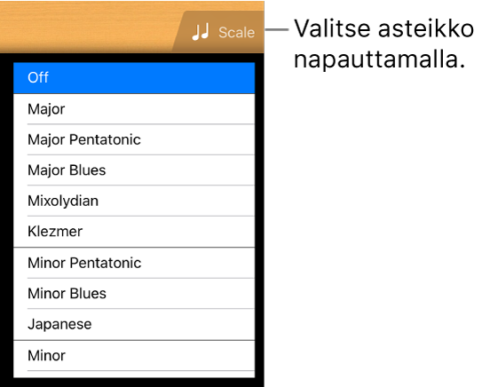 Kitaran Asteikko-painike ja sävelasteikkoluettelo