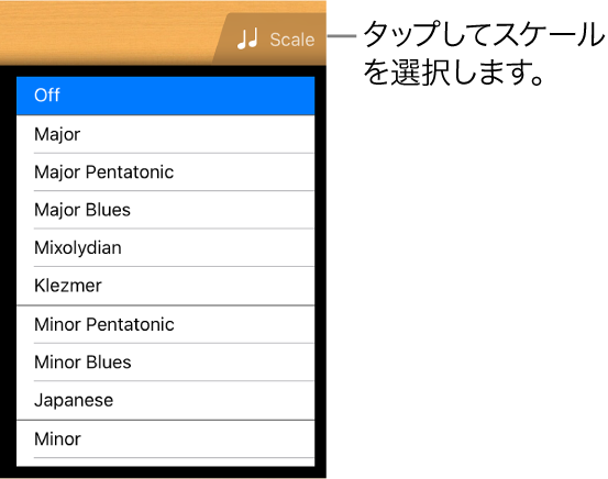 Guitarの「Scale」ボタンとスケールリスト