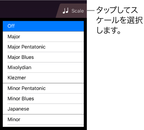 Stringsの「Scale」ボタンとスケールリスト