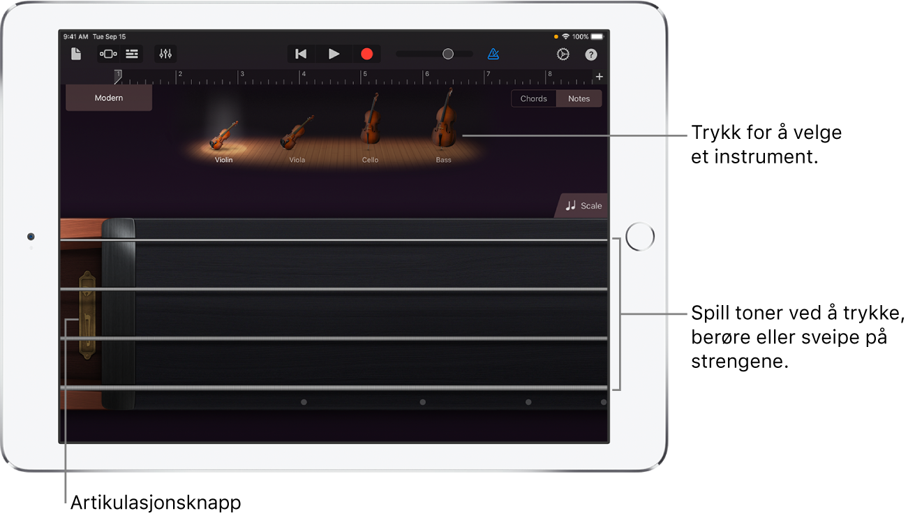Tonevisning på Touch-instrumentet Strykere