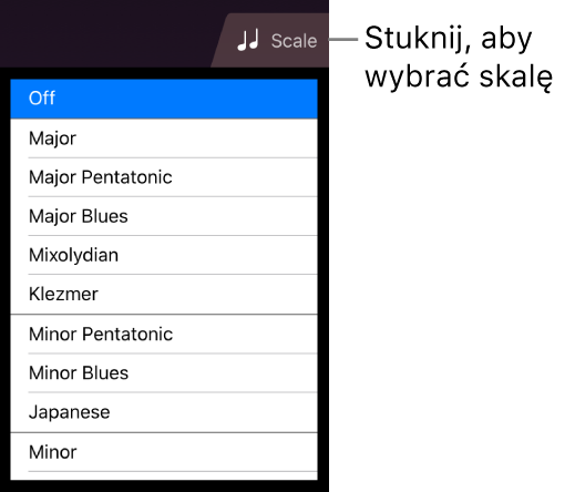 Przycisk skali instrumentu smyczkowego oraz lista skal